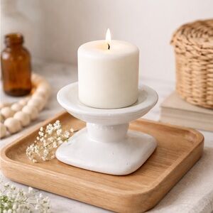 White Ceramic Pedestal Candle Holder Modern Minimalist Farmhouse Decor